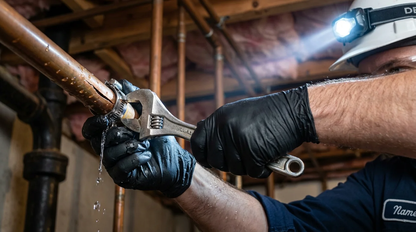 Emergency pipe clamp repair being performed by a Johns Plumbing LLC plumber in Lincolnton