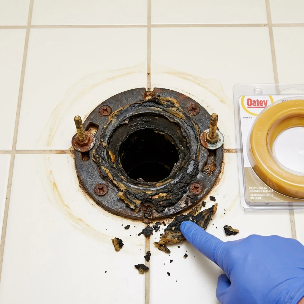 Failed wax ring showing water seepage at the base of a toilet in a Lincolnton, NC home