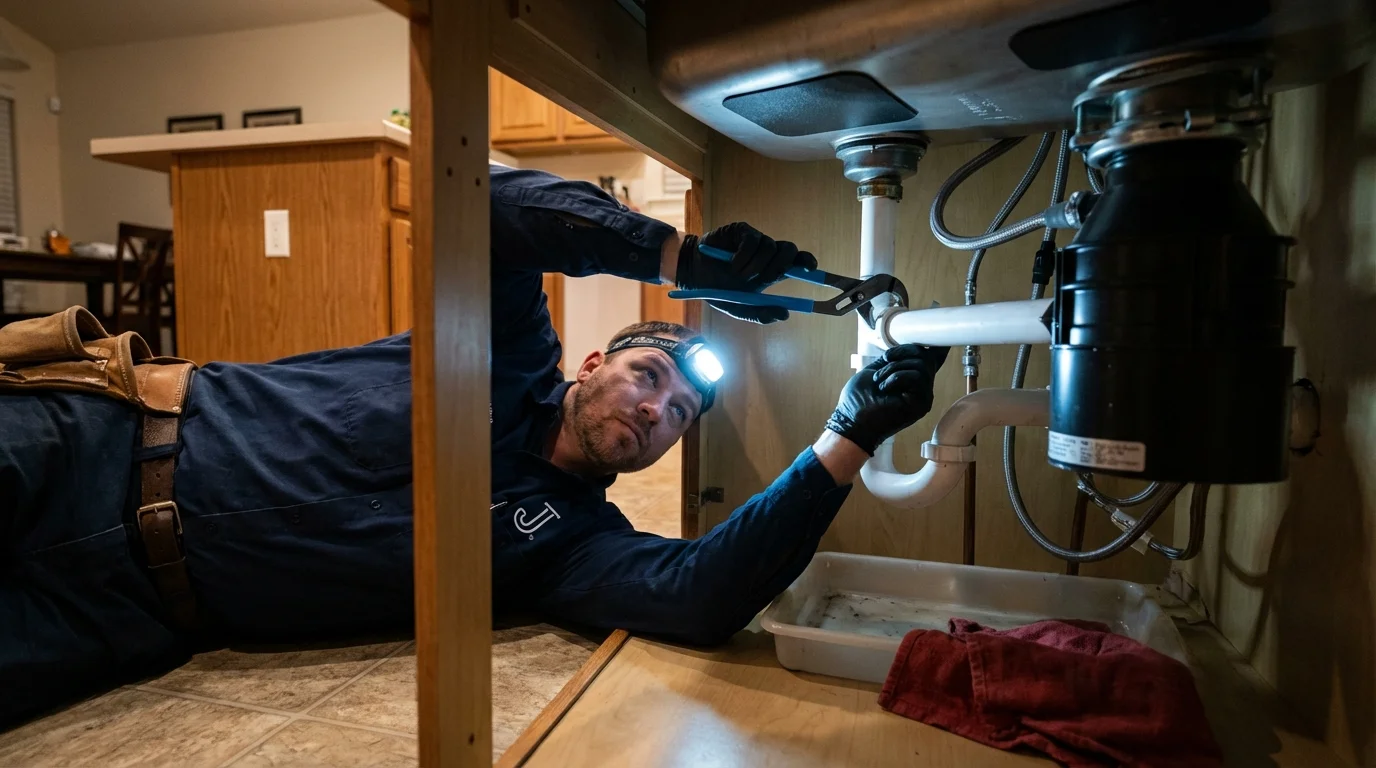 P-trap and supply line connections under a kitchen sink showing a common leak point in Lincolnton, NC